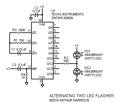 Alternating Two LED Flasher Schematic