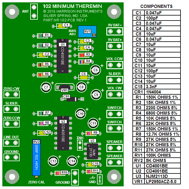 102 Minimum Theremin Revision 1 Populated PCB